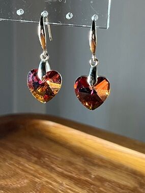 S925 Silver Swarovski Amber/Purple Heart-Shaped Multicolor Hook Earrings